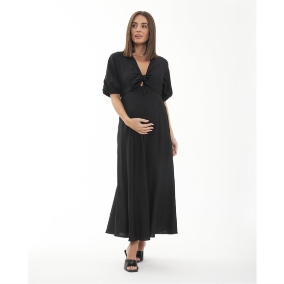 Ripe Maternity Black Tie Front Linen Midi Dress Size L - Picture 1 of 6